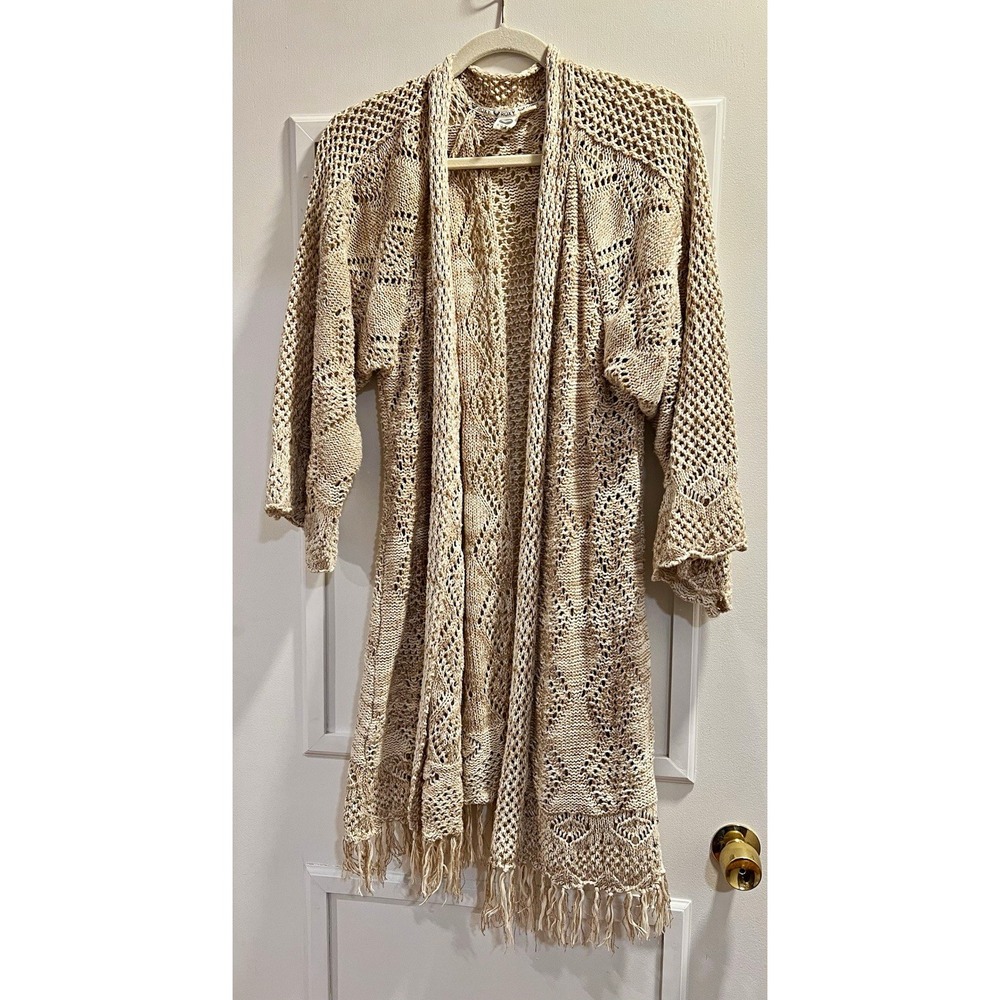 Roxy Womens Cotton Knit Shawl Wrap Boho Beige Natural Fringe Accent Shaggy OS